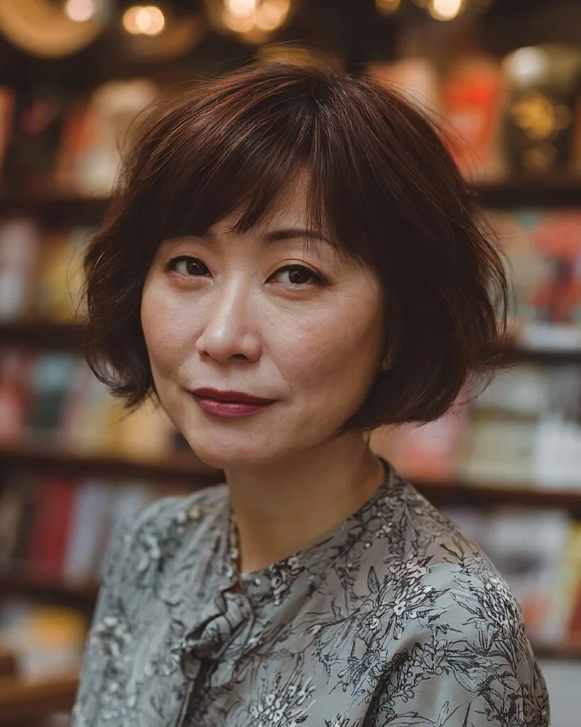 Short bob with soft bangs for round face shapes and natural fullness