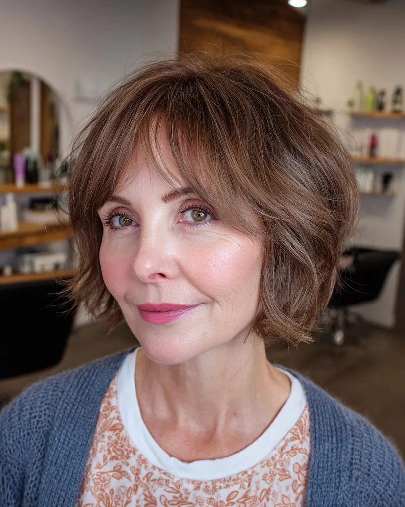 Short brown layered haircut with soft bangs for women over 50