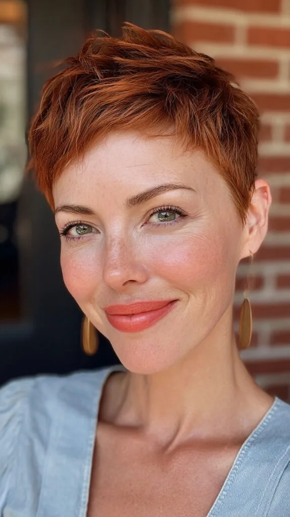 Short Copper Pixie with Micro-Bangs and Pointed Texture