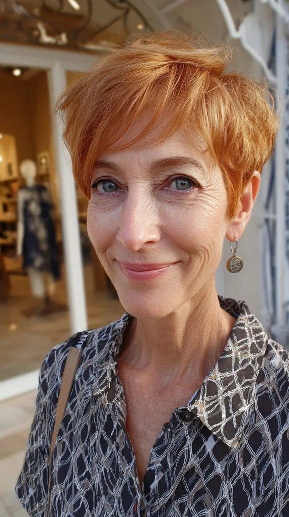 Short Copper Textured Pixie with Soft Side Micro-Fringe