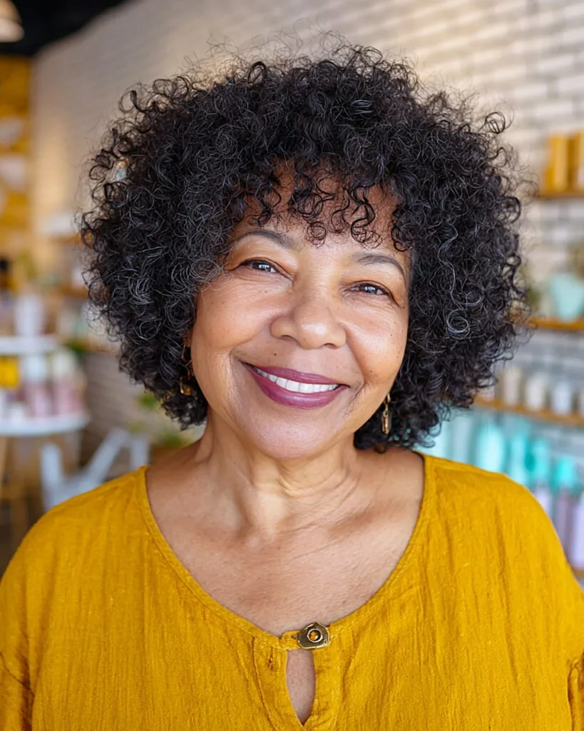 Short curly bob for older Black women with natural texture and rounded silhouette