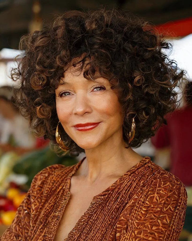 Short curly bob with bangs for women over 40 and natural coily texture