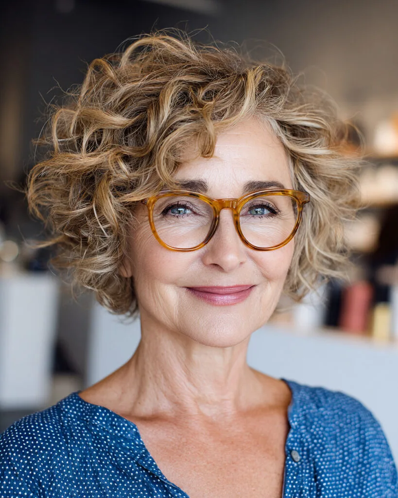Short curly bob with soft layers and tapered neckline for older women with glasses