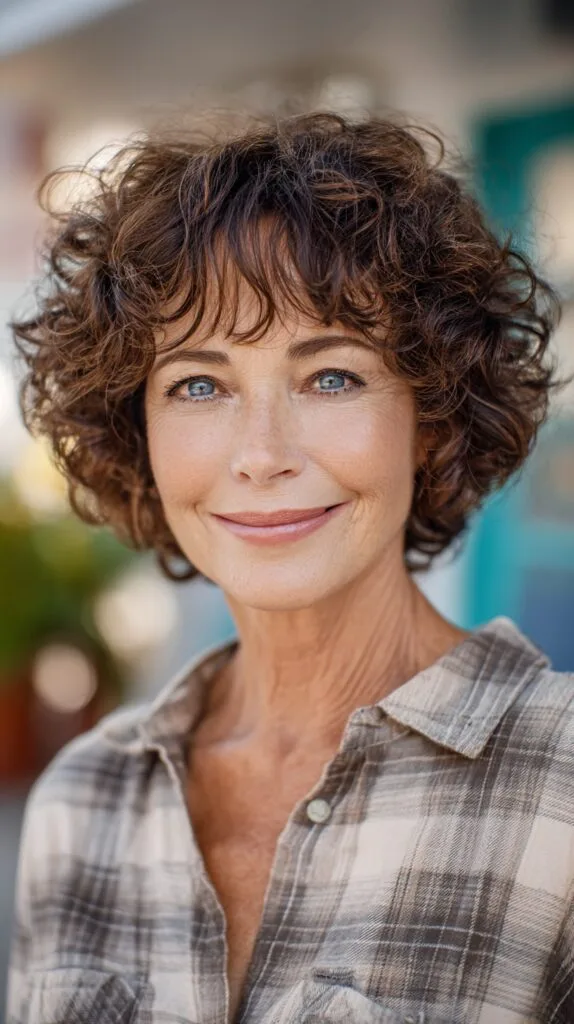 Short Curly Chestnut Bob with Feathered Micro-Bangs