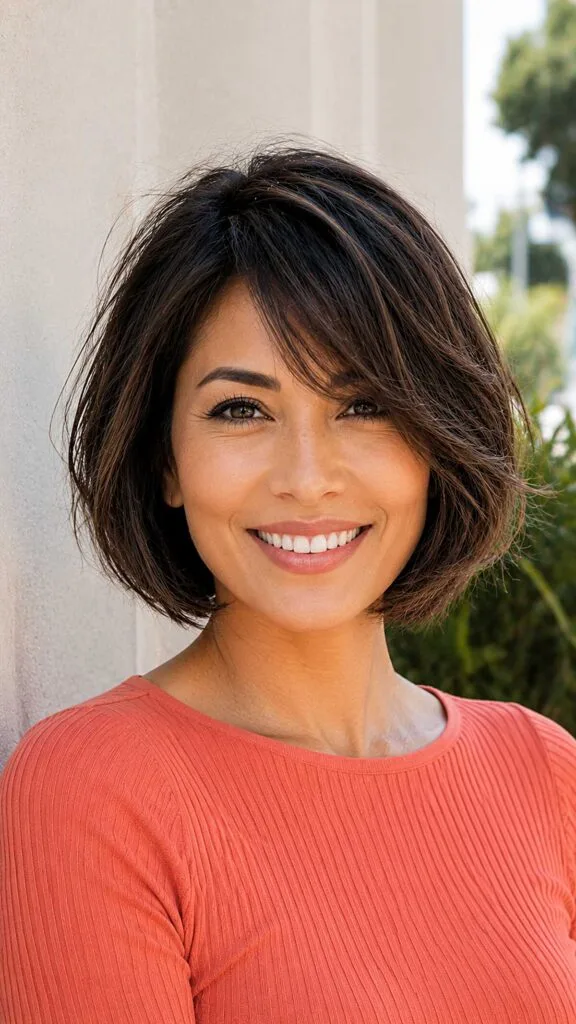 Short Dark Layered Bob with Side-Swept Fringe