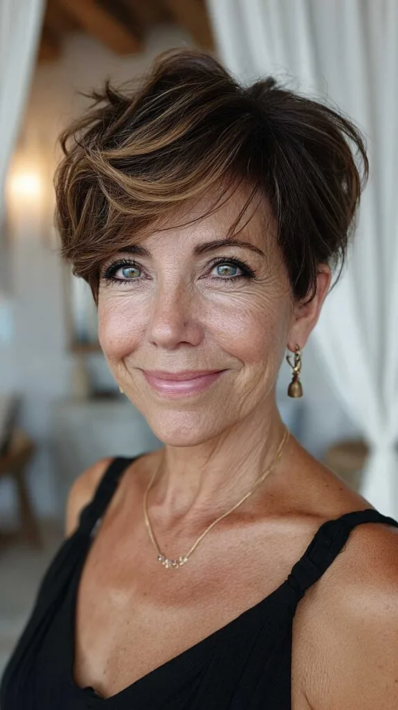 Short feathered brunette pixie with caramel highlights