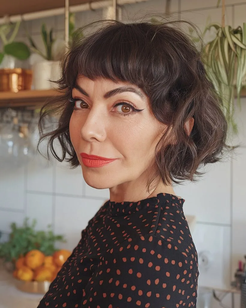 Short French bob with micro bangs for curly hair and bold facial framing