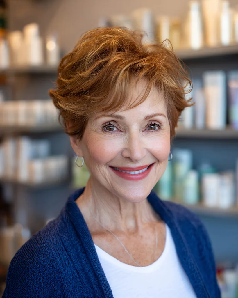 Short layered pixie with volume at the crown and wispy fringe for older women