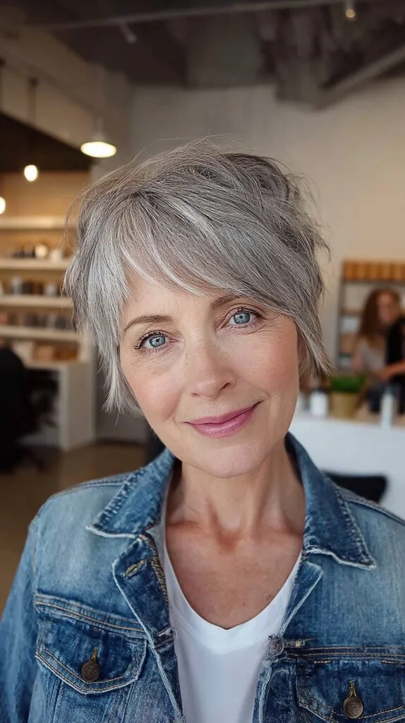 Short Layered Silver Pixie with Long Side-Swept Fringe