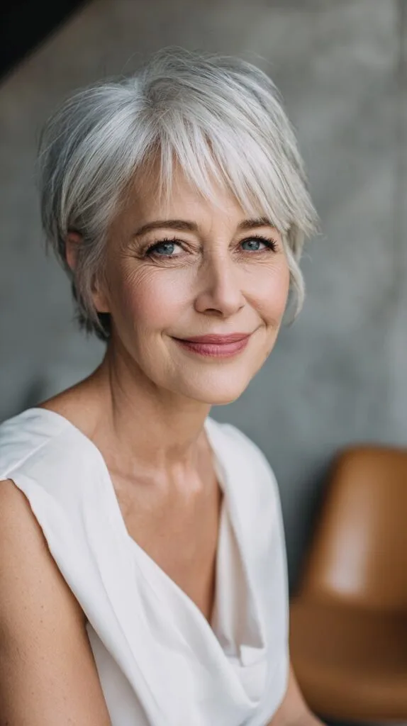 Short Layered Silver Pixie with Side-Swept Fringe and Crown Lift