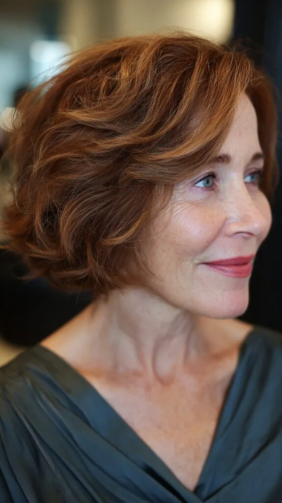 Short Layered Textured Copper Bob with Side-Swept Fringe