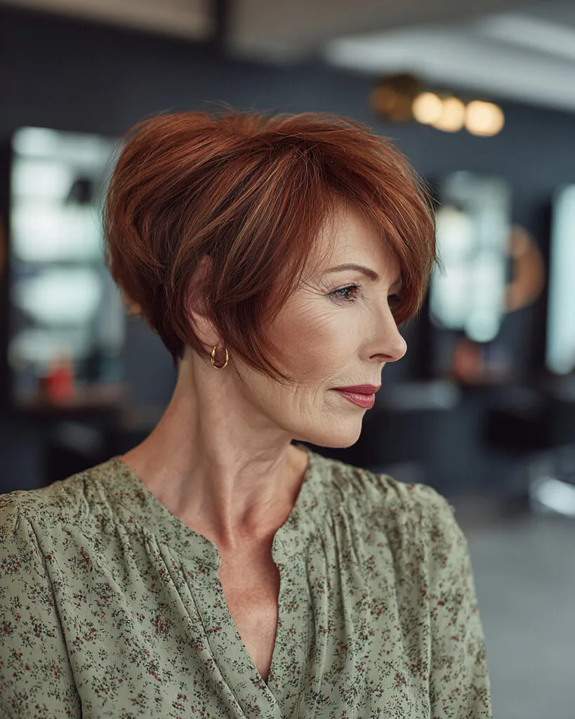 Short modern wedge haircut with stacked back and long side fringe for women over 50