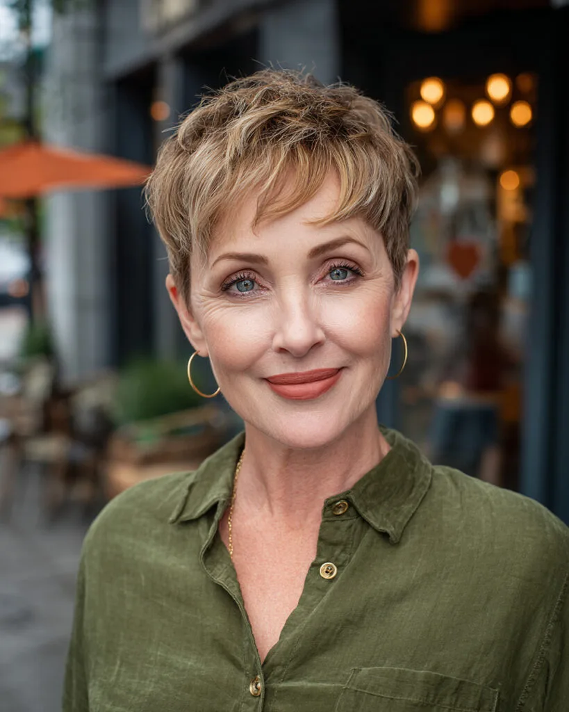 Short pixie cut with side-swept bangs and textured layers for mature women
