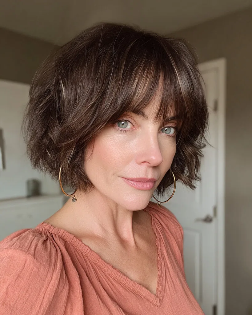 Short razor-cut bob with curtain bangs for mature women with thick brunette hair