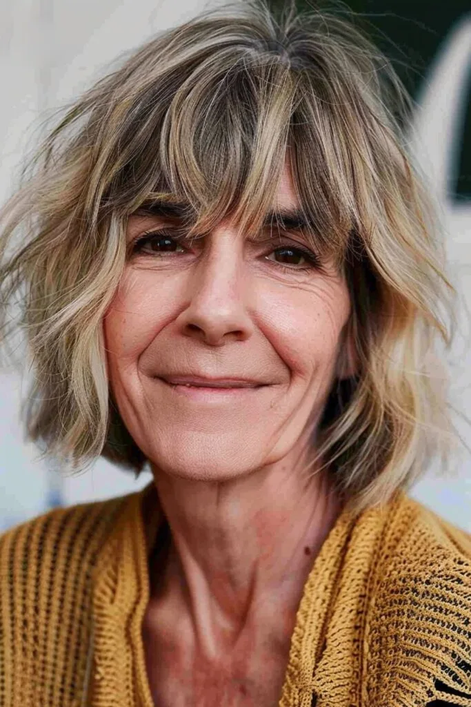 Short shaggy hairstyle featuring textured bangs