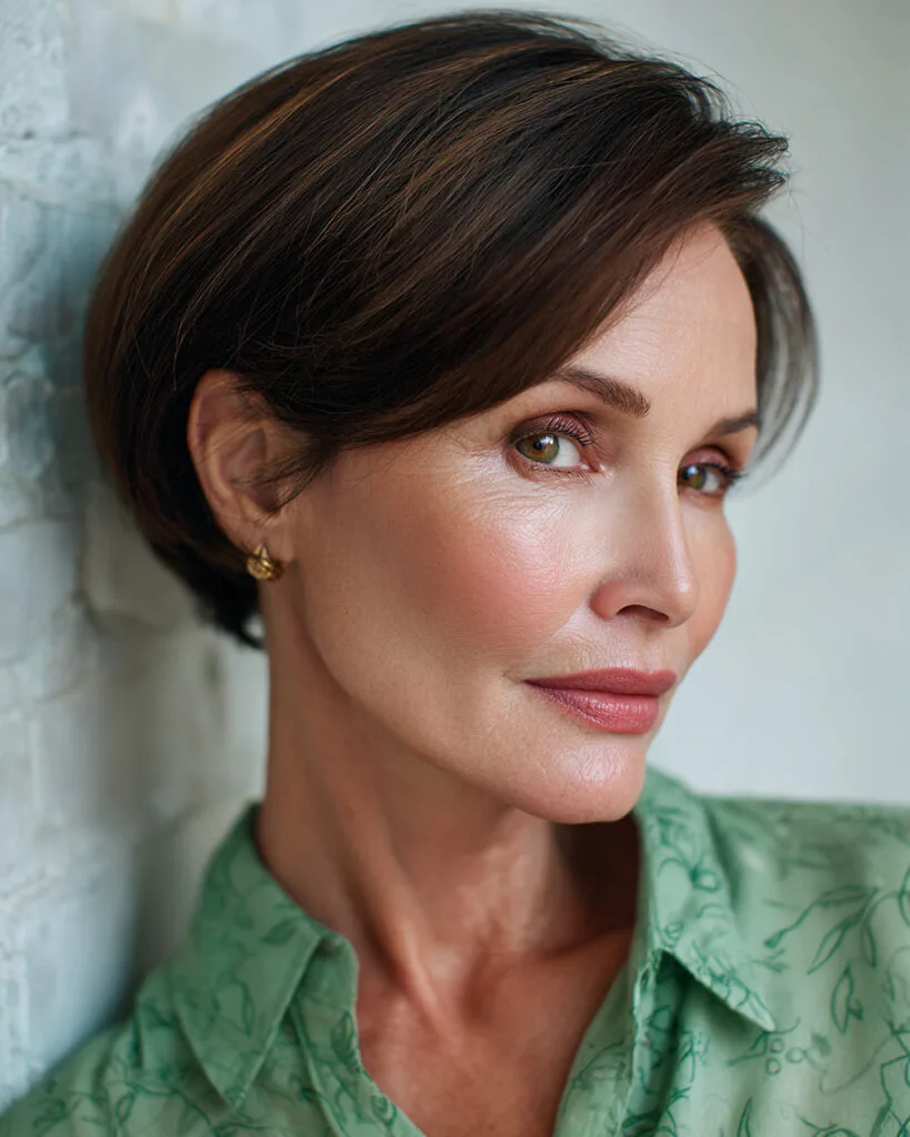 Short sleek brunette bob with side part and ear tuck for women over 50