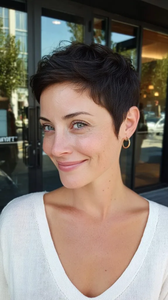 Short Textured Dark Brown Pixie with Soft Temple Points