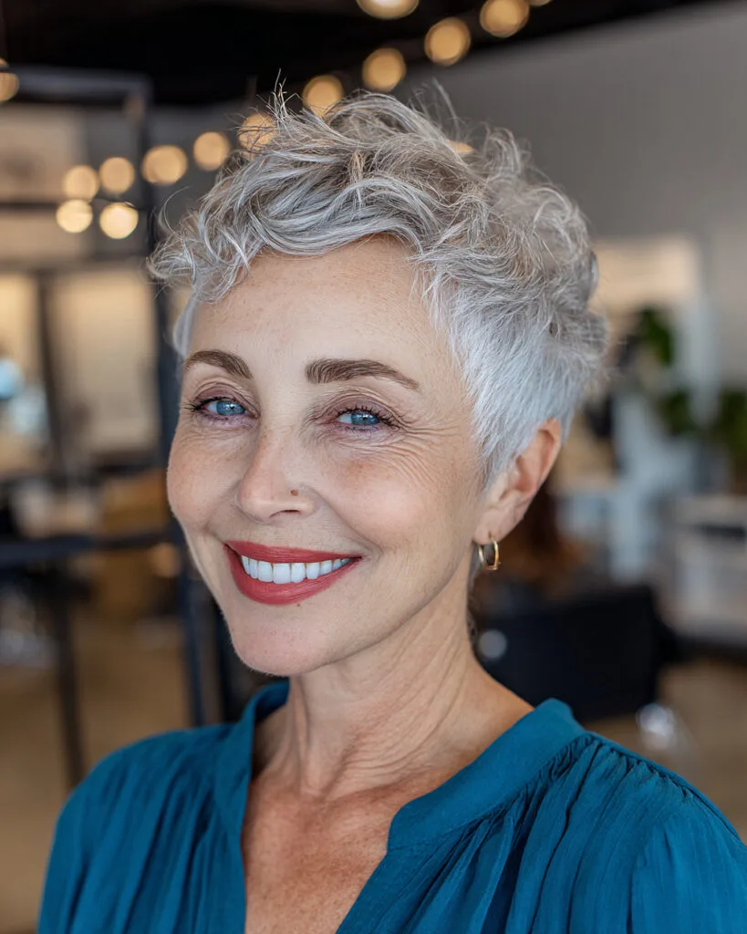 Short tousled pixie with textured silver layers for mature women