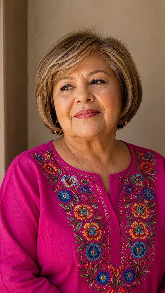 Short warm highlighted bob with side-swept bangs