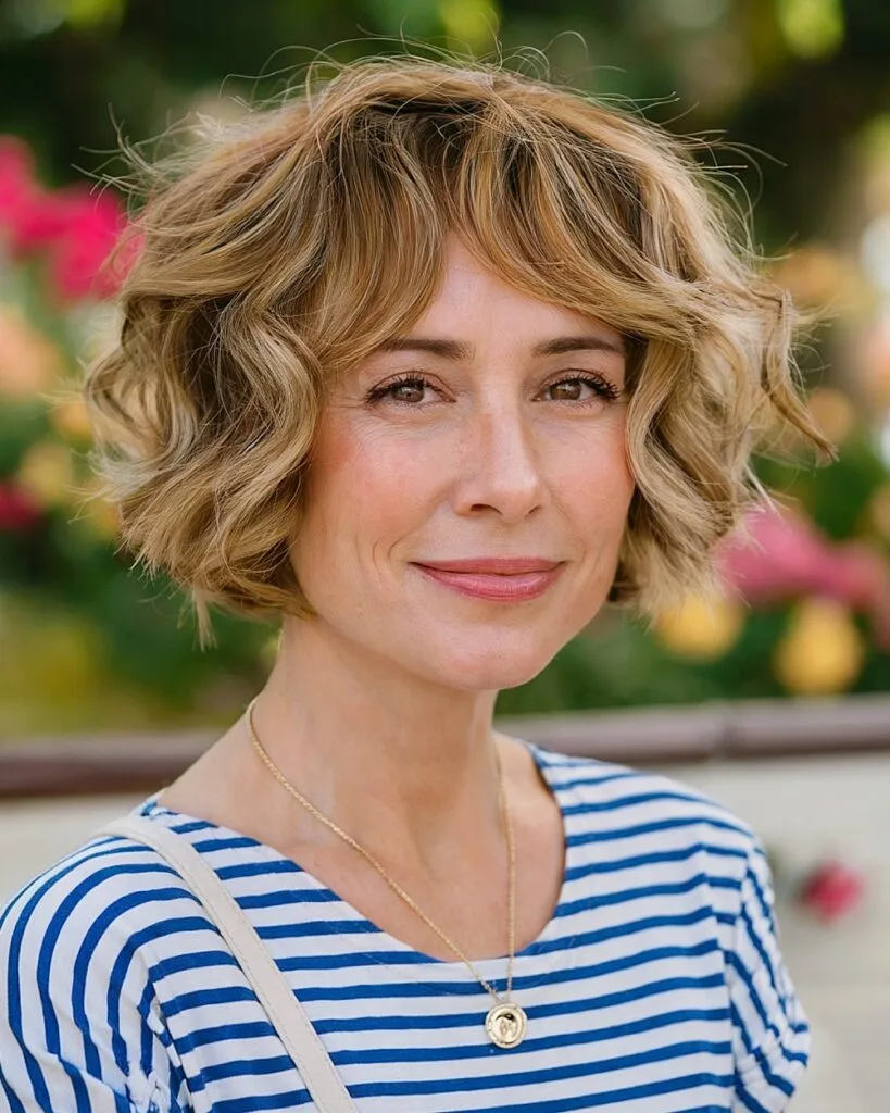 Short wavy bob with bangs for added texture and volume for women over 40