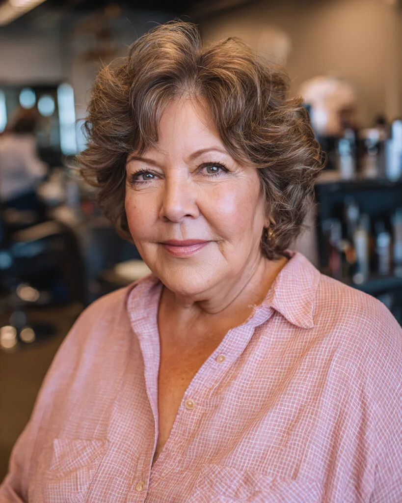 Short wavy crop with defined curls and soft volume for round-faced older women