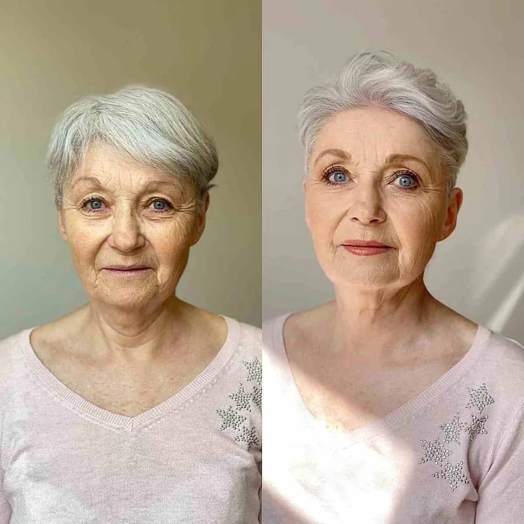 Short Wavy Swept Back Look for Women Over Sixty with Silver Hair