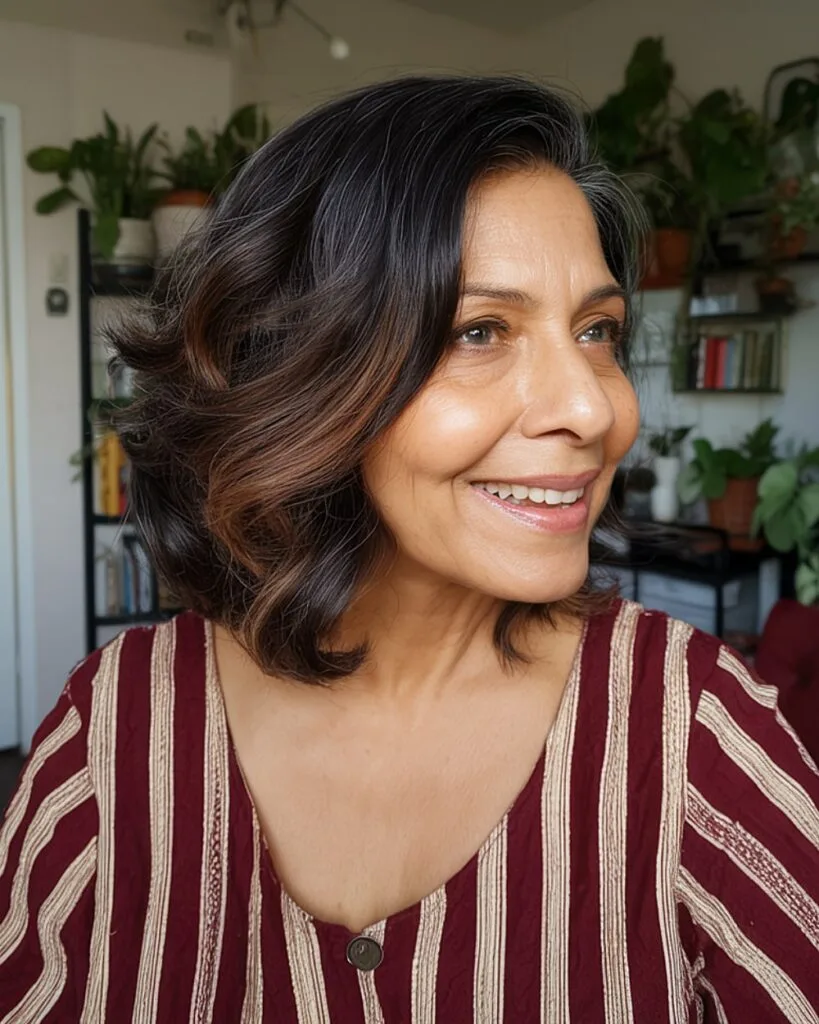 Shoulder-length angled bob with curled ends for older women with thick wavy hair