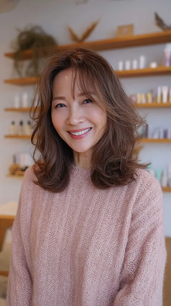 Shoulder-length brunette shag with curtain bangs