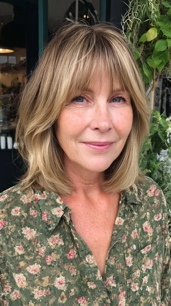 Shoulder-Length Feathered Cut with Wispy Curtain Bangs