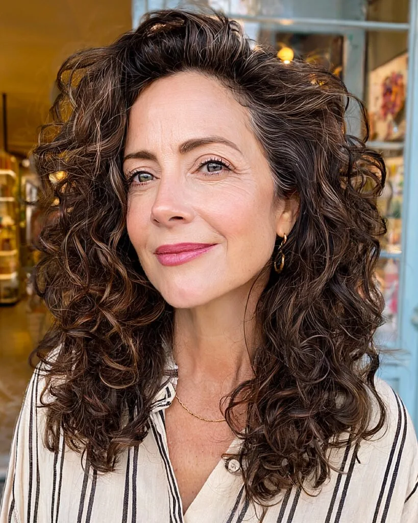 Side-parted dark curly hairstyle with natural volume for women over 50 with thick hair