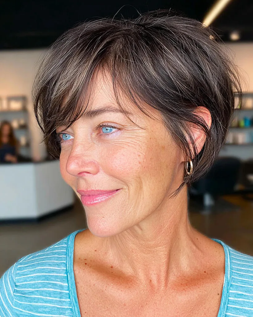 Side-parted long pixie bob with face-framing layers for women over 60