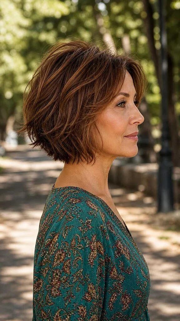 Side view of a layered textured auburn short bob