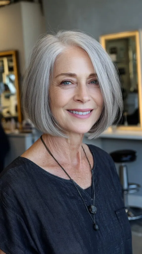 Silver Ash Blunt Chin-Length Bob with Soft Interior Graduation