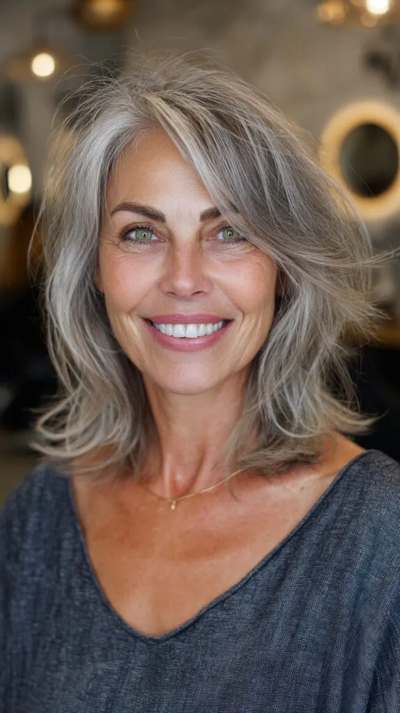 Silver Butterfly Shoulder-Length Layers with Face-Framing Sweep