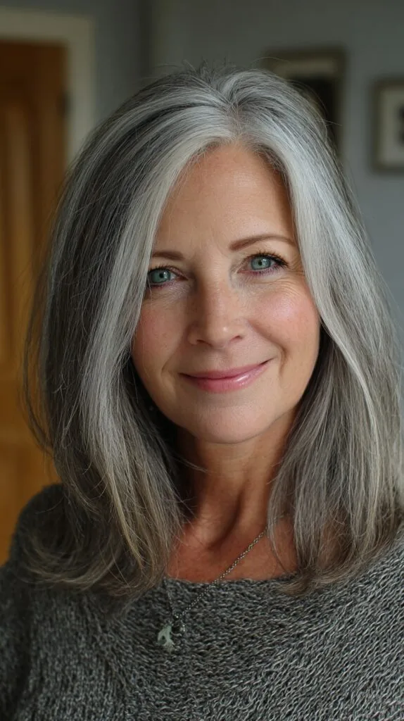 Silver Center-Part Mid-Length Cut with Soft Internal Layers