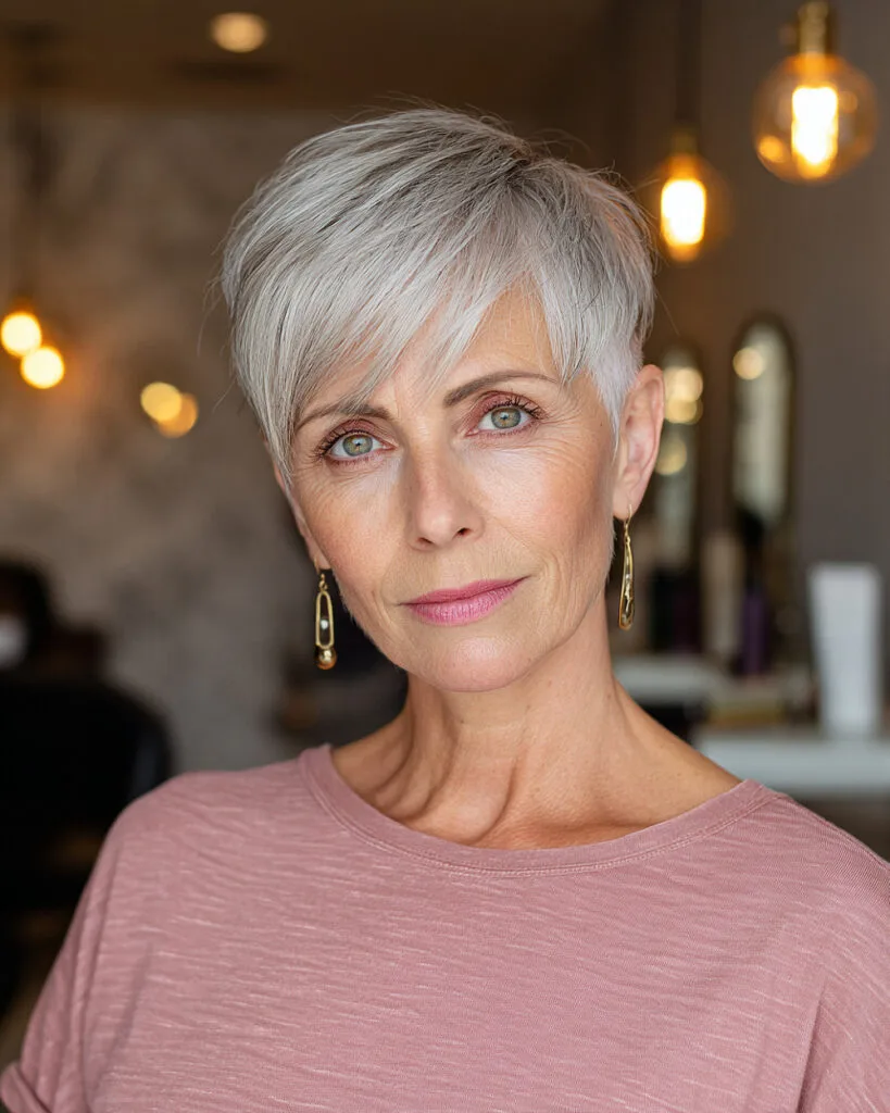 Silver layered pixie with deep side part and tapered sides for women over 50