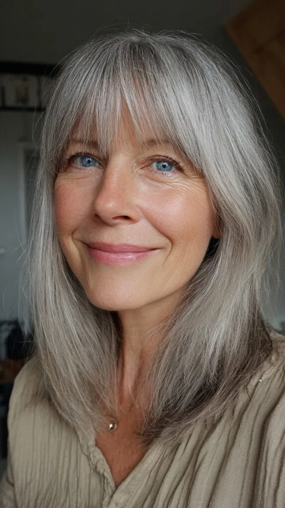 Silver Mid-Length Layered Cut with Wispy Curtain Micro-Bangs