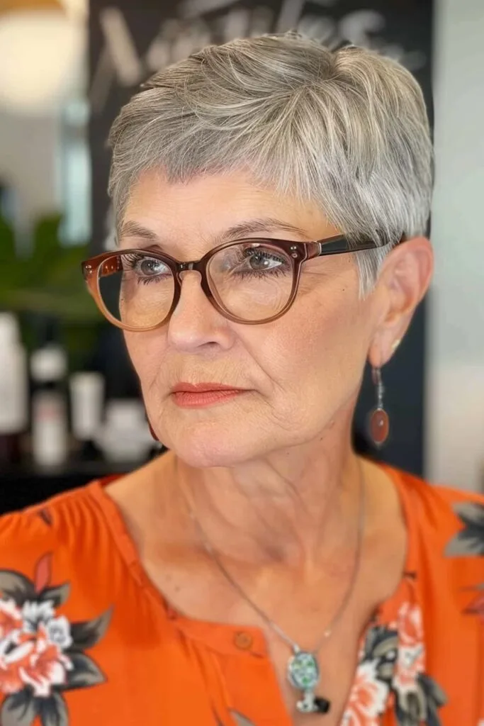 Silver pixie hairstyle for women with oversized glasses