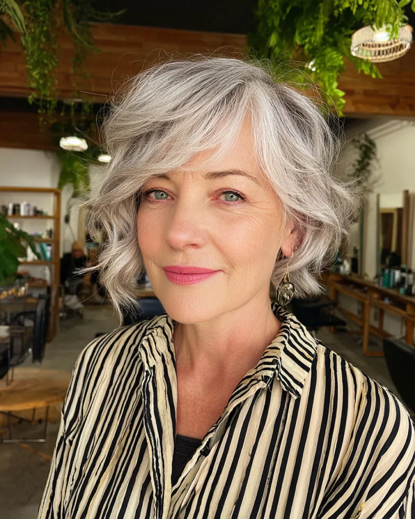 Silver short hairstyle with soft waves and layered side bangs for mature women