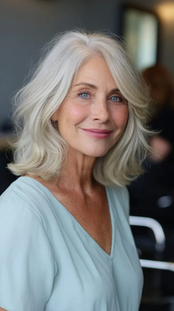 Silver Shoulder-Grazing Layered Lob with Subtle Root Shadow and Curtain Part