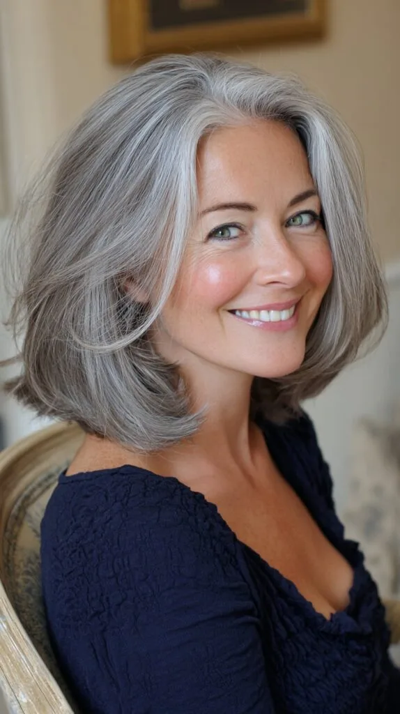 Silver Shoulder-Length Bob with Curtain Part and Feathered Ends