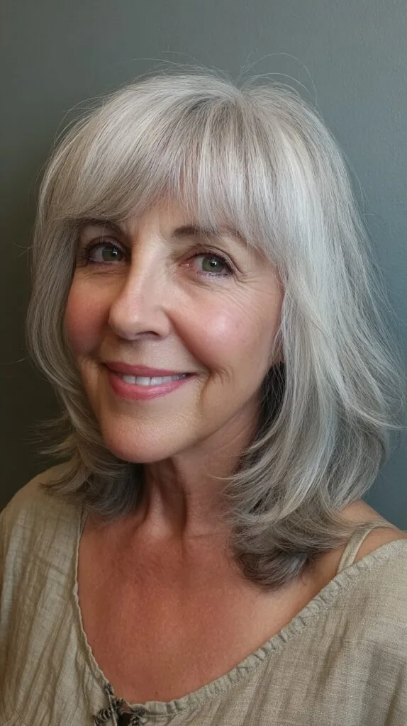 Silver Shoulder-Length Feathered Cut with Soft Curtain Fringe