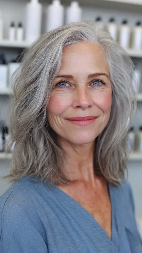 Silver Shoulder-Length Layered Lob with Off-Center Part