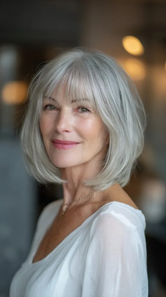 Silver Stacked Bob with Feathered Micro-Bangs