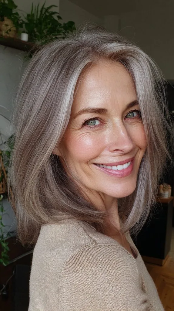 Silvery Ash Mid-Length Lob with Face-Framing Layers