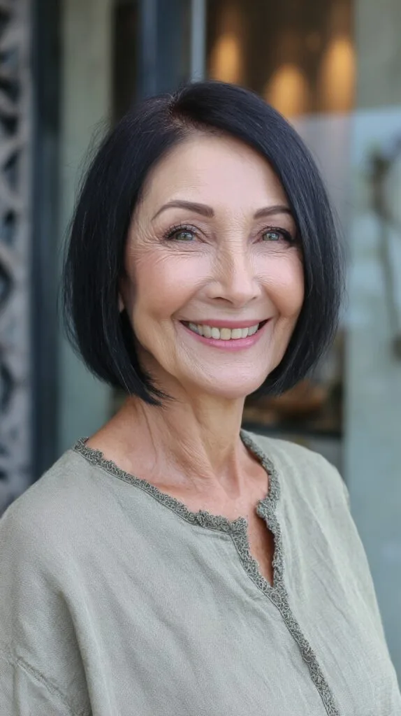Sleek Angled Chin-Length Jet-Black Bob with Soft Interior Graduation