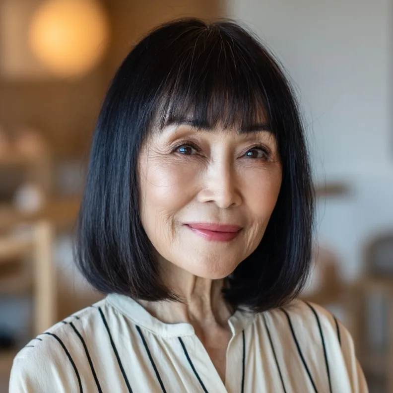 Sleek Black Bob with Brow-Skimming Bangs
