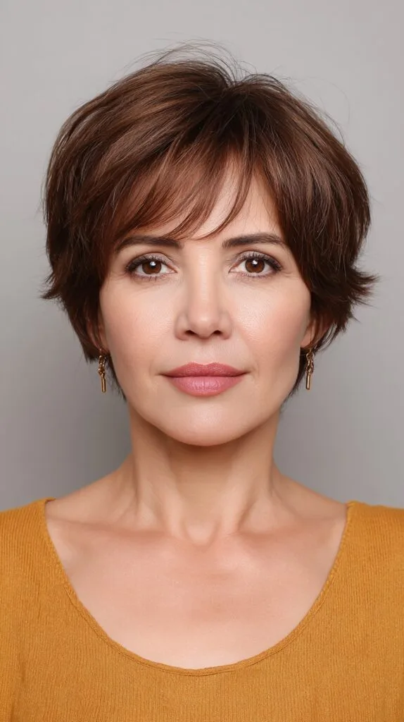 Sleek Chestnut Feathered Pixie with Soft Bangs