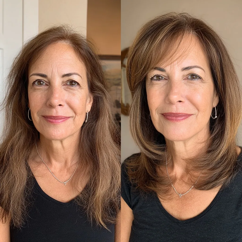 Sleek Chestnut Layers with Side-Swept Bangs