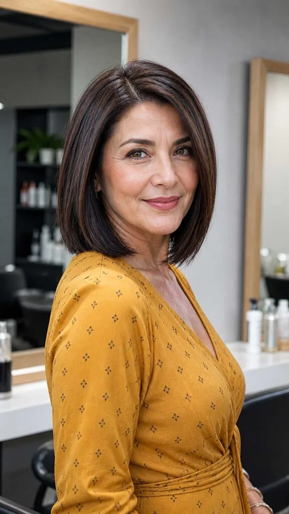 Sleek dark brown lob with slight inward bend at ends